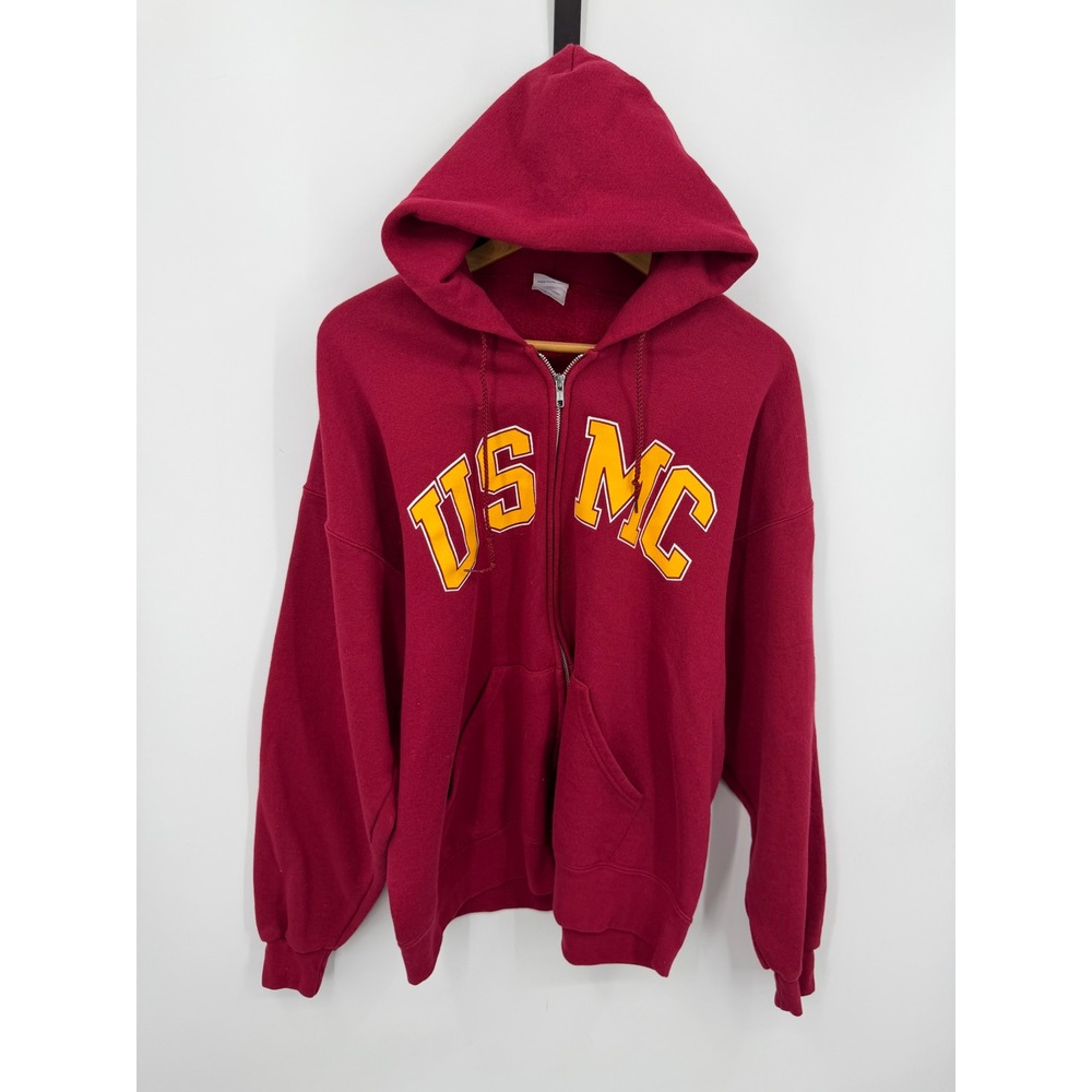 Soffe USMC Full Zip Hoodie Mens 2XL Maroon Red Yellow Logo Military Fleece